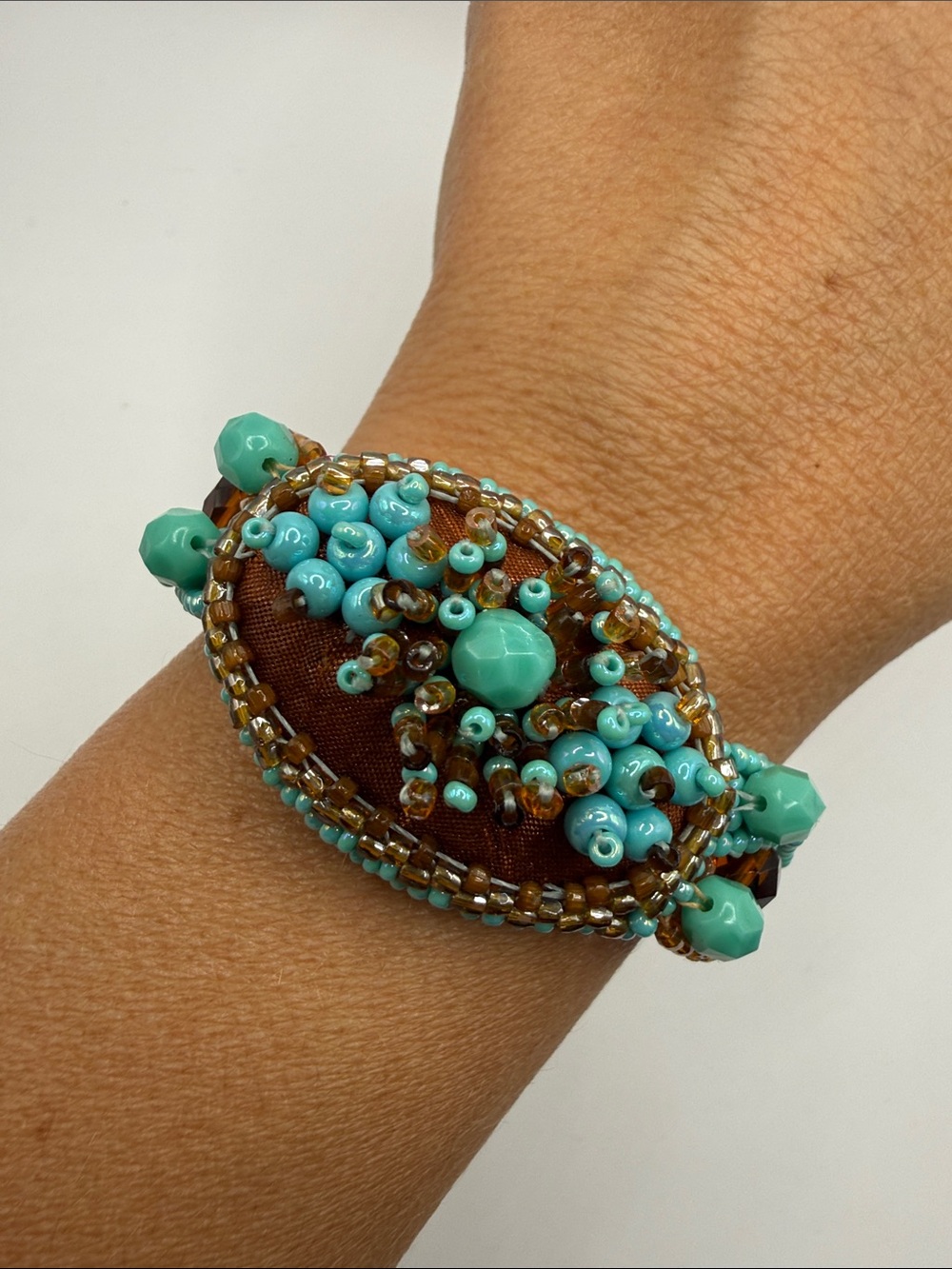 Vintage Southwestern Turquoise Brown Seed Beaded Large Bangle Cuff Bracelet